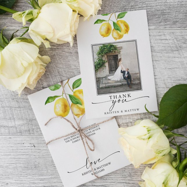 Cartão De Agradecimento Foto de casamento de limão em aquarela (Show your gratitude in style with our lemon-themed wedding thank you cards.)