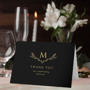 Cartão De Agradecimento Foto de Casamento de Monograma Dourado e Preto Ele