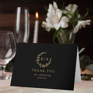 Cartão De Agradecimento Foto de Casamento de Monograma Dourado e Preto Ele