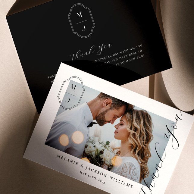 Cartão De Agradecimento Foto de Casamento de Monograma Personalizado de Sc (Criador carregado)