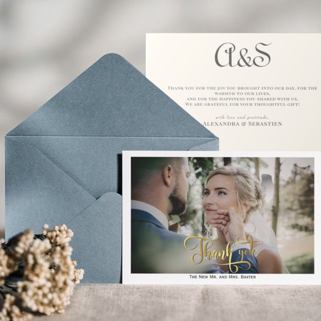 Cartão De Agradecimento Foto de Casamento de Monograma Simples Elegante (Criador carregado)
