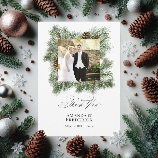 Cartão De Agradecimento Foto De Casamento De Natal Do Pinheiro De Inverno  (Elegant Winter Pine Christmas Wedding Photo Thank You Card)
