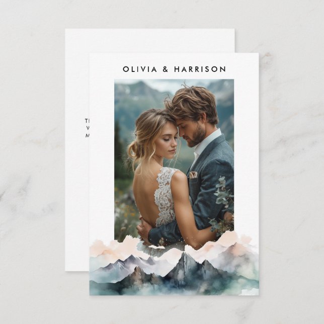 Cartão De Agradecimento Foto de Casamento de Paisagem de Montanha em Aquar (Frente/Verso)
