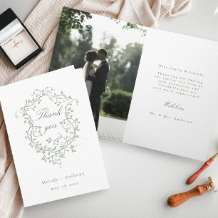 Cartão De Agradecimento Foto de Casamento de Peste Floral Verde Sage