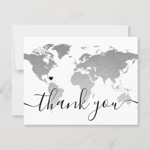 Cartão De Agradecimento Foto de Casamento de Praia do Mapa Mundial Monocro