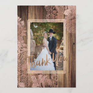Cartão De Agradecimento Foto De Casamento De Rosa Rústico De Madeira Obrig
