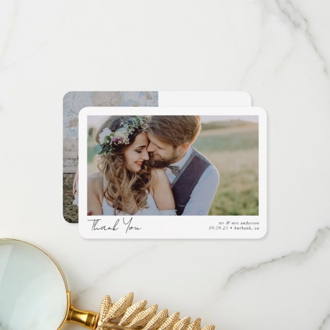 Cartão De Agradecimento Foto De Casamento De Script Chic Elegante (Frente/Verso In Situ)