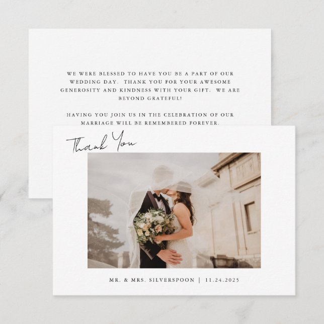 Cartão De Agradecimento Foto de Casamento de Script de Caligrafia Minimali (Frente/Verso)
