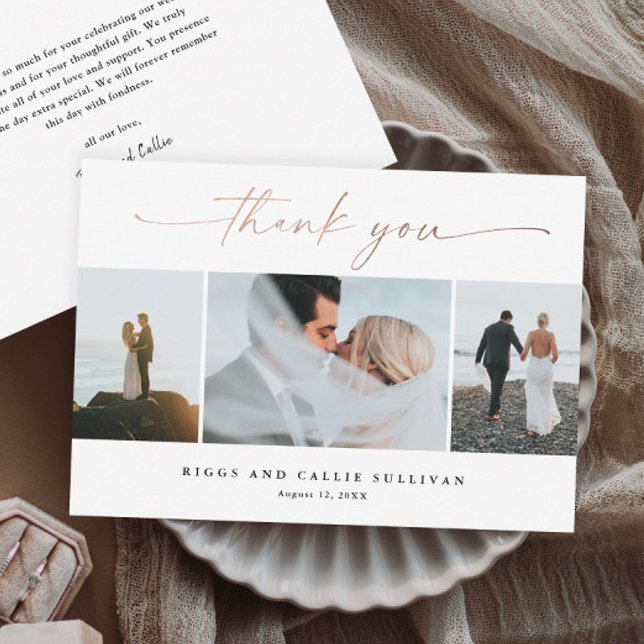 Cartão De Agradecimento Foto de Casamento de Script Dourado Rosa com Escri (Elegant handwritten rose gold script wedding photo thank you cards.)