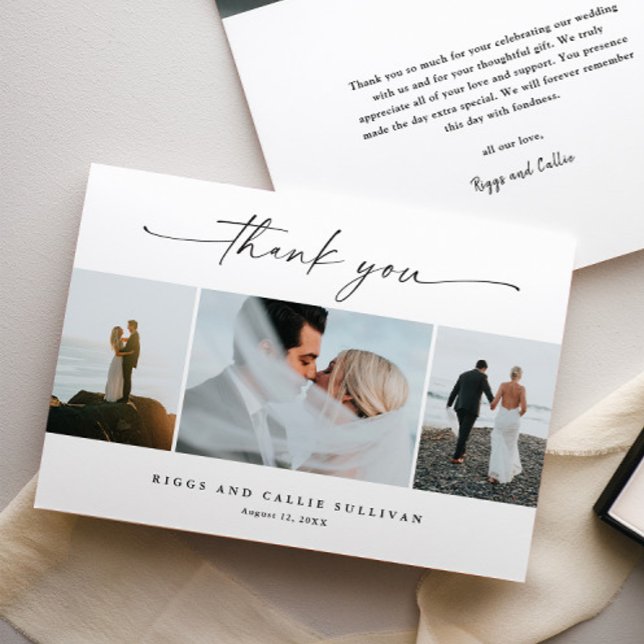Cartão De Agradecimento Foto de Casamento de Script Manuscrito Elegante (Elegant handwritten wedding photo folded thank you cards.)