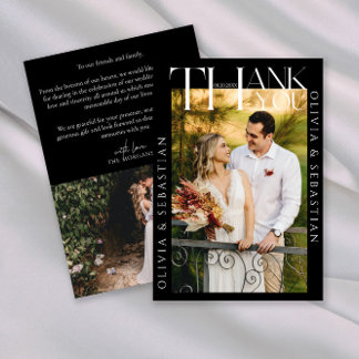 Cartão De Agradecimento Foto de Casamento de Texto Branco da Tipografia Mo