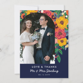 Cartão De Agradecimento Foto de casamento do Boho Marinho Amarelo