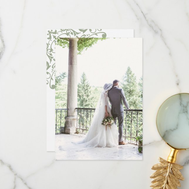 Cartão De Agradecimento Foto de Casamento do Fleur de Lis, Verde Regência  (Frente/Verso In Situ)