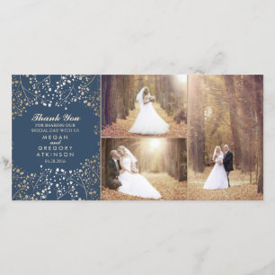 Cartão De Agradecimento Foto de casamento do Marinho da respiração Dourada