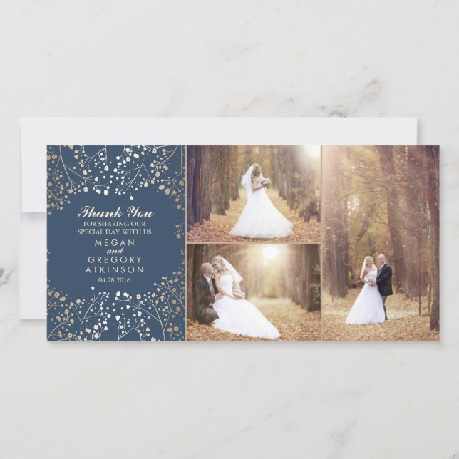 Cartão De Agradecimento Foto de casamento do Marinho da respiração Dourada (Frente)