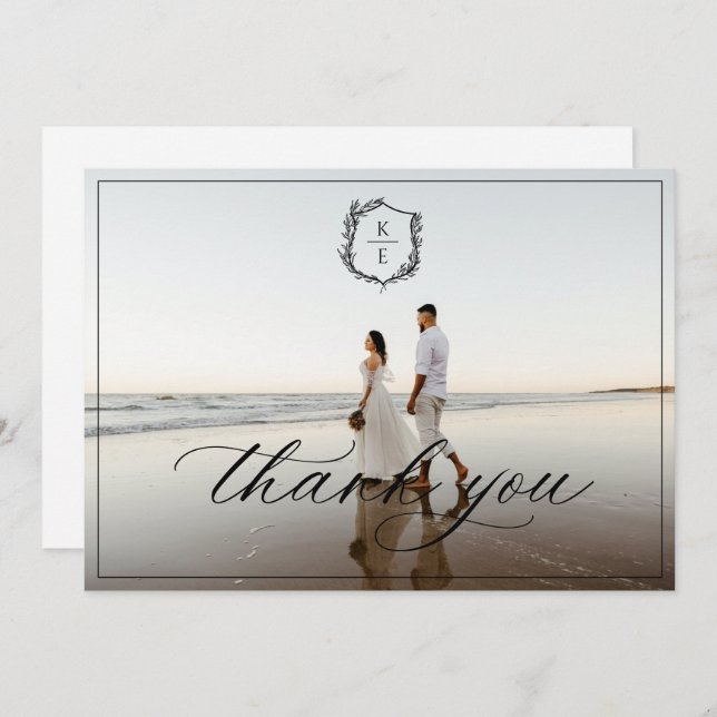 Cartão De Agradecimento Foto de Casamento do Monograma do Crest Botânico (Frente/Verso)