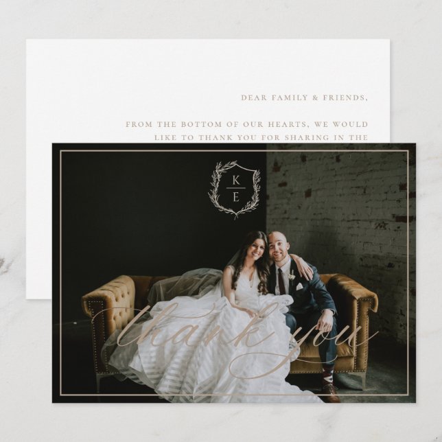 Cartão De Agradecimento Foto de Casamento do Monograma do Crest Botânico (Frente/Verso)