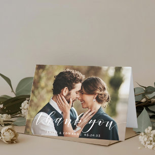Cartão De Agradecimento Foto de Casamento Dobrada com Letra Manual Moderna