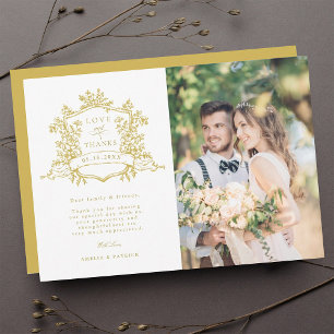 Cartão De Agradecimento Foto de casamento Dourado Clássico Floral Crest