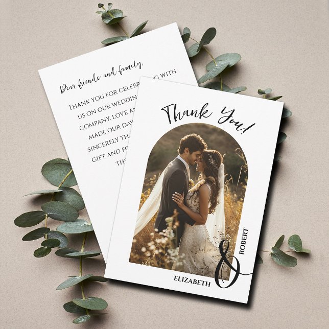 Cartão De Agradecimento Foto de Casamento Elegante (Elegant arched wedding photo flat thank you cards feature your message on the back)