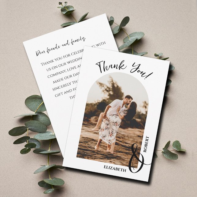 Cartão De Agradecimento Foto de Casamento Elegante (Elegant arched wedding photo flat thank you cards feature your message on the back)
