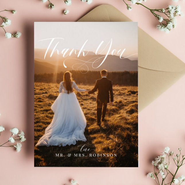 Cartão De Agradecimento Foto de Casamento Elegante Chic Calliographic (Criador carregado)