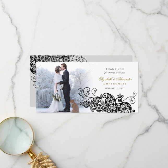 Cartão De Agradecimento Foto de Casamento Elegante de Paisley Boho Floral  (Frente/Verso In Situ)