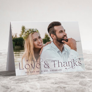 Cartão De Agradecimento Foto de casamento Elegante Roxo Amor e Gratidão