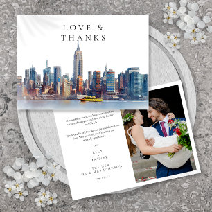 Cartão De Agradecimento Foto de casamento em aquarela do horizonte de Nova