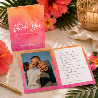 Cartão De Agradecimento Foto de casamento em aquarela rosa laranja moderna