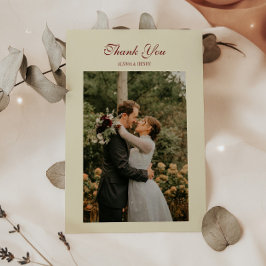 Cartão De Agradecimento Foto de Casamento em Creme Marfim com Letra Clássi