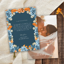 Cartão De Agradecimento Foto de casamento em terracota floral azul marinho