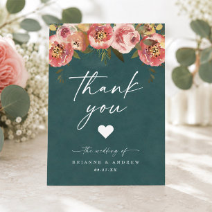 Cartão De Agradecimento Foto de casamento em verde-teal profundo Chic Bloo