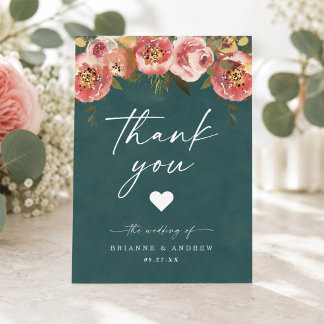 Cartão De Agradecimento Foto de casamento em verde-teal profundo Chic Bloo