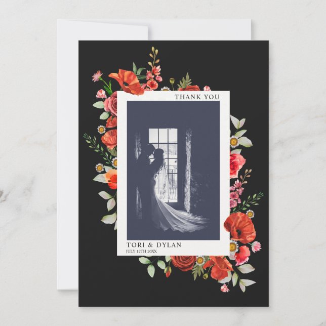 Cartão De Agradecimento Foto de Casamento Escuro de Flores Selvagens (Frente)