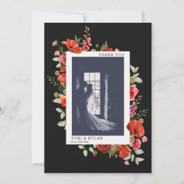 Cartão De Agradecimento Foto de Casamento Escuro de Flores Selvagens