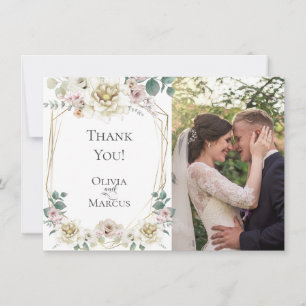 Cartão De Agradecimento Foto de Casamento   Floral Água-Marinha Marfim