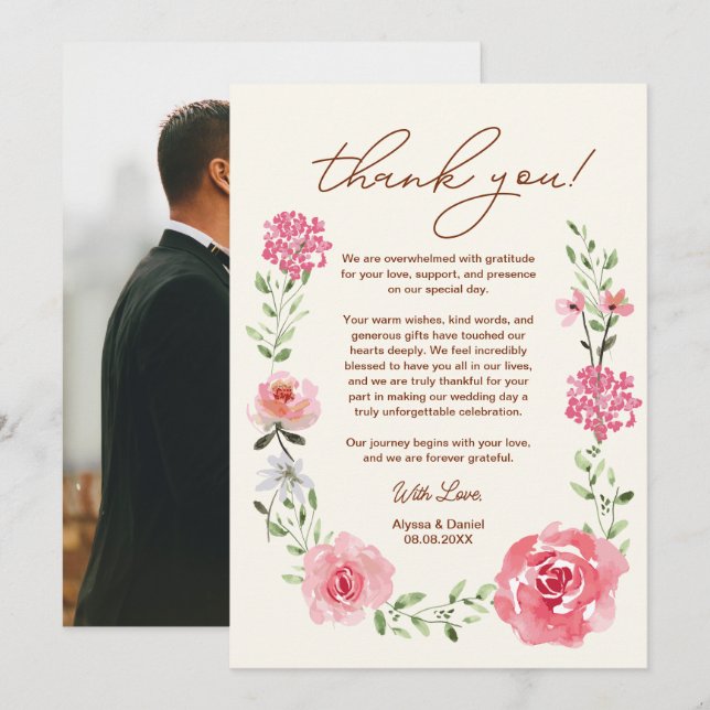 Cartão De Agradecimento Foto de Casamento Floral Boho em Aquarela (Frente/Verso)