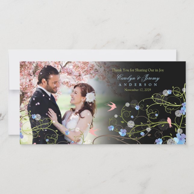 Cartão De Agradecimento Foto de Casamento Floral Chic Blue Hibiscus & Swal (Frente)