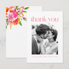 Cartão De Agradecimento Foto de Casamento Floral Cor de Rosa e Laranja