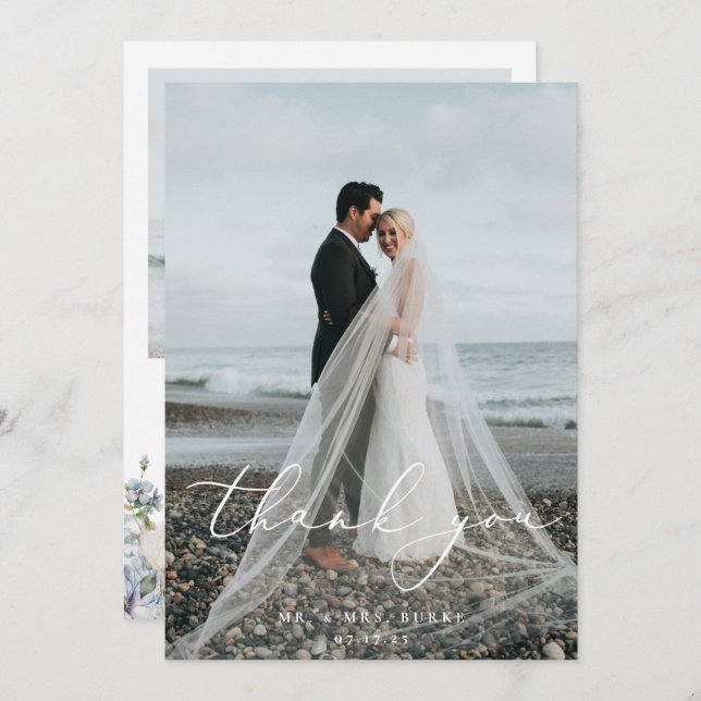 Cartão De Agradecimento Foto de Casamento Floral do Jardim Azul Dusty (Frente/Verso)