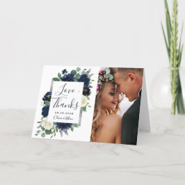 Cartão De Agradecimento Foto de Casamento Floral Elegante de marinho Azul