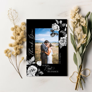 Cartão De Agradecimento Foto de casamento floral em preto e branco elegant