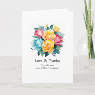 Cartão De Agradecimento Foto de casamento floral em turquesa, amarelo e ro