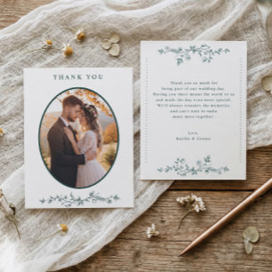 Cartão De Agradecimento Foto de casamento floral em verde esmeralda vintag