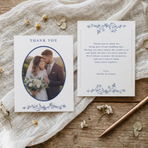 Cartão De Agradecimento Foto de casamento floral francês azul marinho vint
