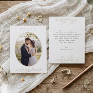 Cartão De Agradecimento Foto de casamento floral francês bege vintage