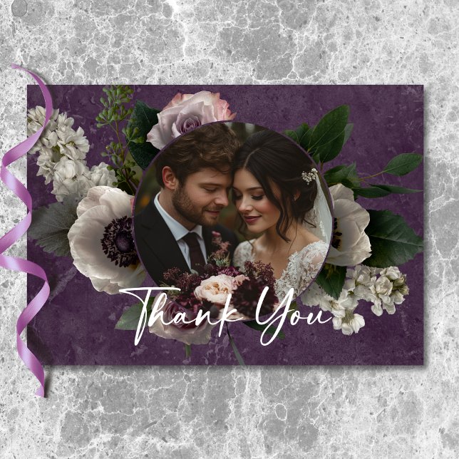 Cartão De Agradecimento Foto De Casamento Floral Moderno Plum Purple Elega (Plum Purple Elegant Floral Modern Wedding Photo Thank You Card)