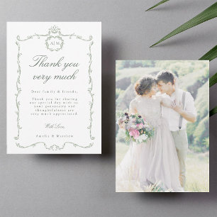 Cartão De Agradecimento Foto de casamento francês moderno clássico em verd