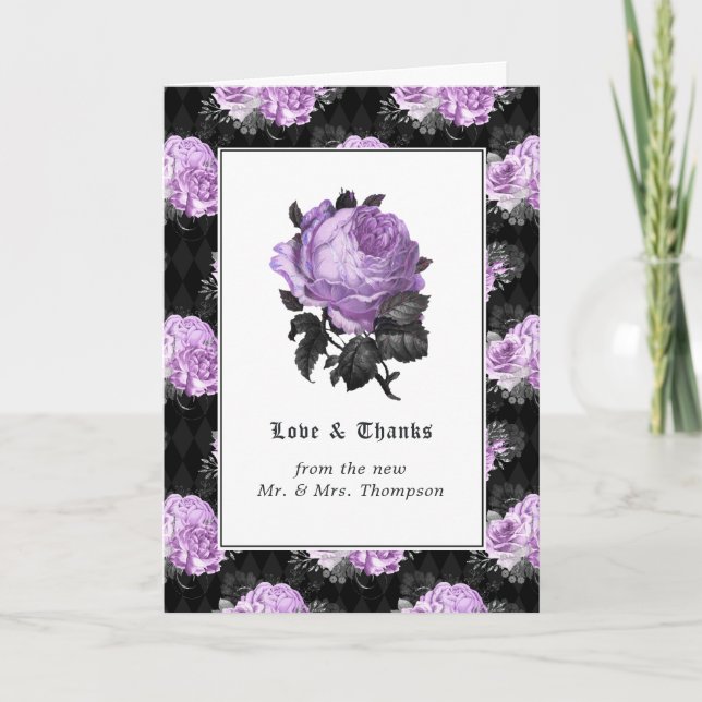 Cartão De Agradecimento Foto de Casamento Gótico Floral Preto, Roxo e Prat (Frente)